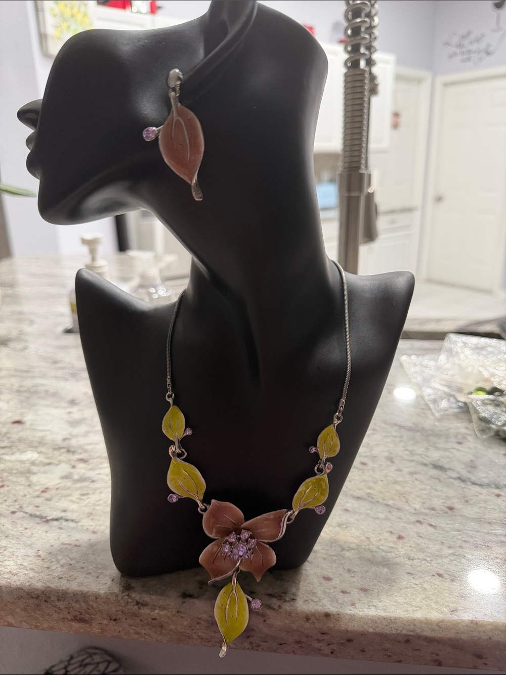 Floral Enamel Leaf Pendant Necklace and Earrings - Pink and Lime